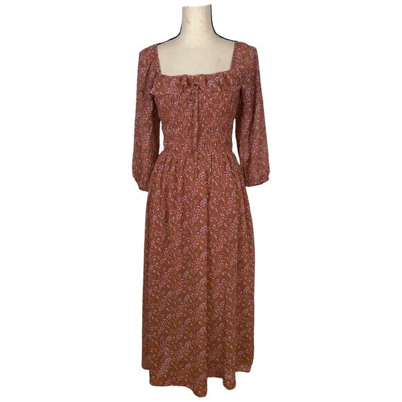 Code x Mode Orange Brown Boho Peasant Smock Midi Dress Size: XS - Picture 1 of 4